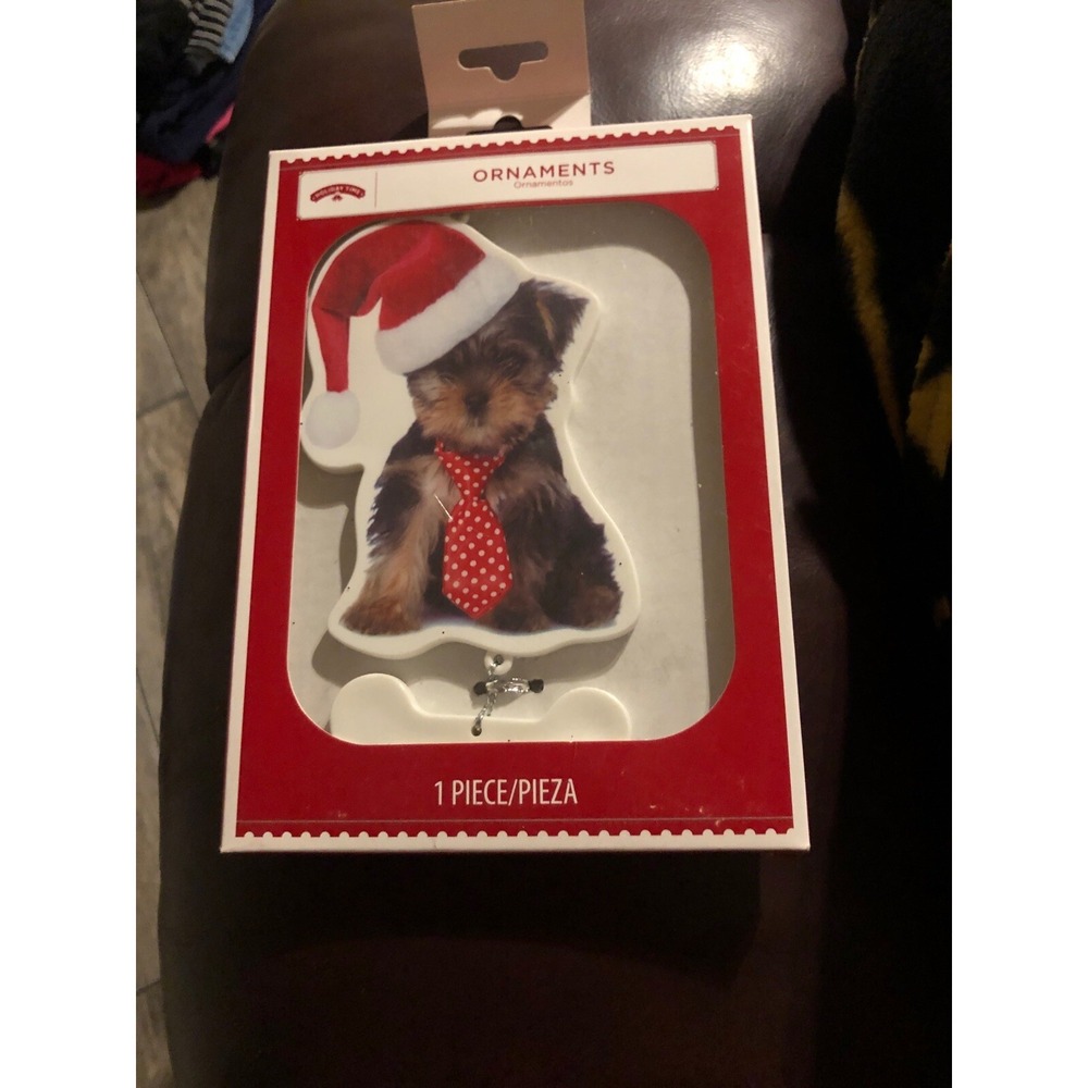 Holiday Time 6" Santa‎ Hat Yorkie Dog Merry Christmas Ornament New